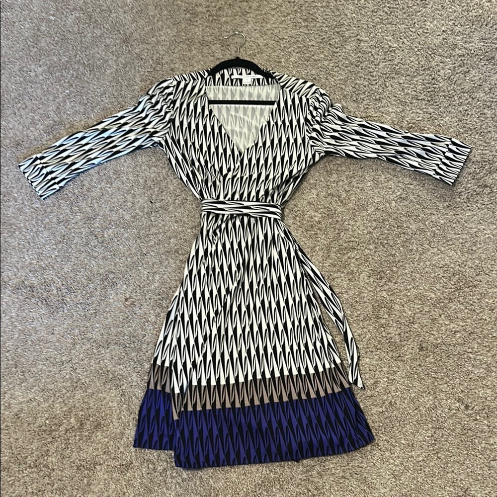 Diane Von Furstenberg Black and Blue Geometric Wrap Dress